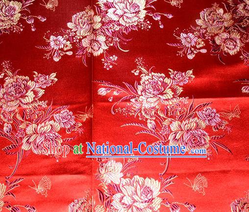 Asian Traditional Peony Flowers Pattern Design Red Satin Material Chinese Tang Suit Brocade Silk Fabric