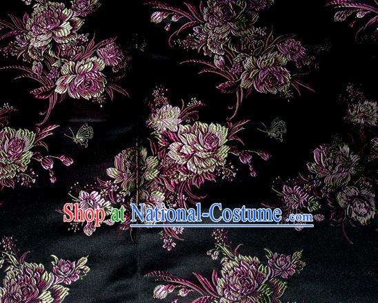 Asian Traditional Peony Flowers Pattern Design Black Satin Material Chinese Tang Suit Brocade Silk Fabric