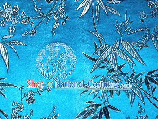 Asian Traditional Royal Plum Blossom Bamboo Pattern Design Blue Satin Material Chinese Tang Suit Brocade Silk Fabric