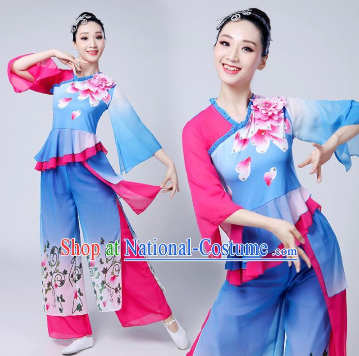 Chinese Traditional Group Dance Yangko Costumes Stage Performance Folk Dance Blue Clothing for Women