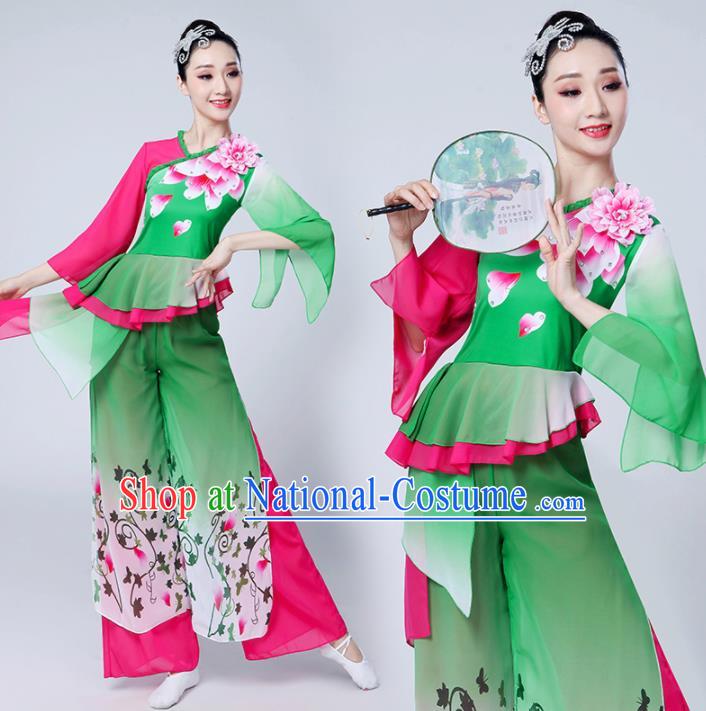 Chinese Traditional Group Dance Yangko Costumes Stage Performance Folk Dance Green Clothing for Women