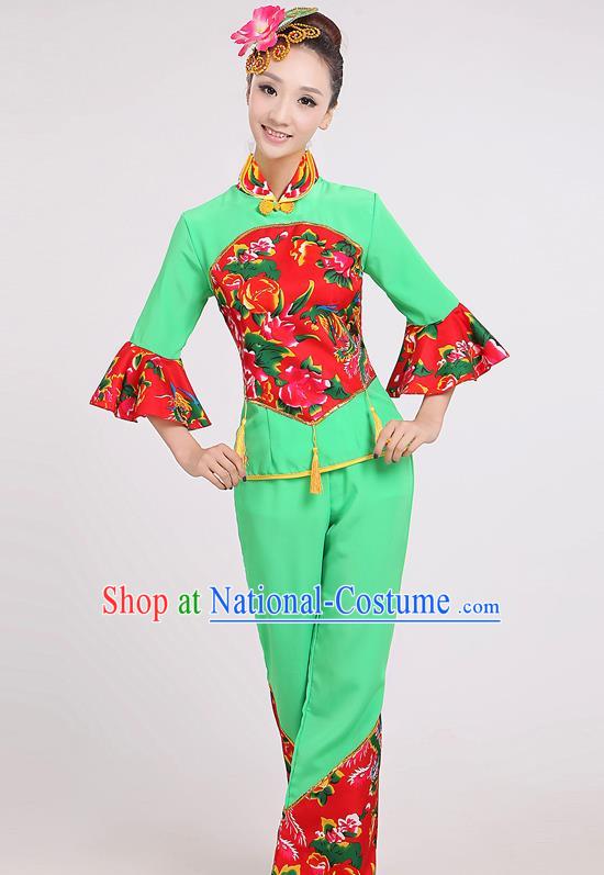 Chinese Traditional Yangko Dance Village Girl Green Costumes Group Dance Folk Dance Clothing for Women