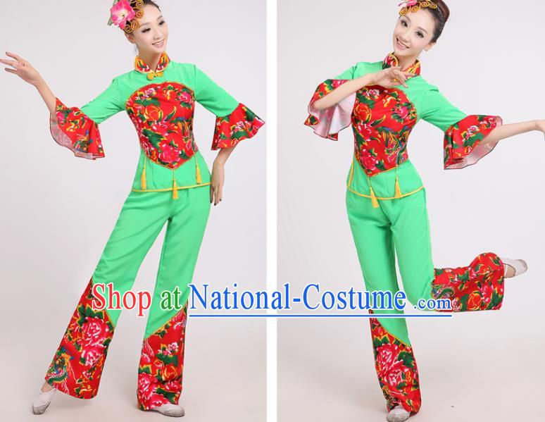 Chinese Traditional Yangko Dance Village Girl Green Costumes Group Dance Folk Dance Clothing for Women