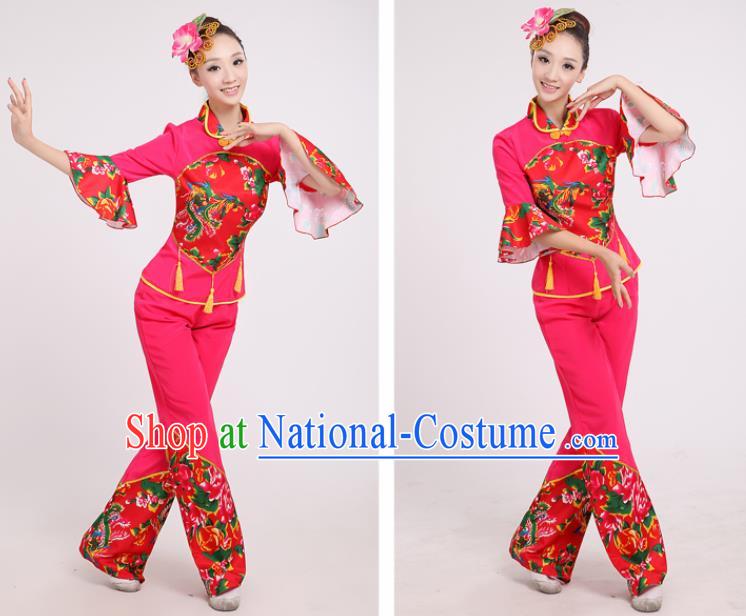 Chinese Traditional Yangko Dance Village Girl Rosy Costumes Group Dance Folk Dance Clothing for Women