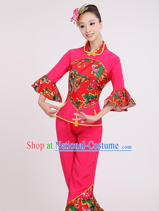 Chinese Traditional Yangko Dance Village Girl Rosy Costumes Group Dance Folk Dance Clothing for Women