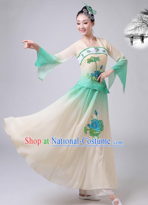 Chinese Traditional Classical Dance Green Costumes Stage Performance Umbrella Dance Dress for Women