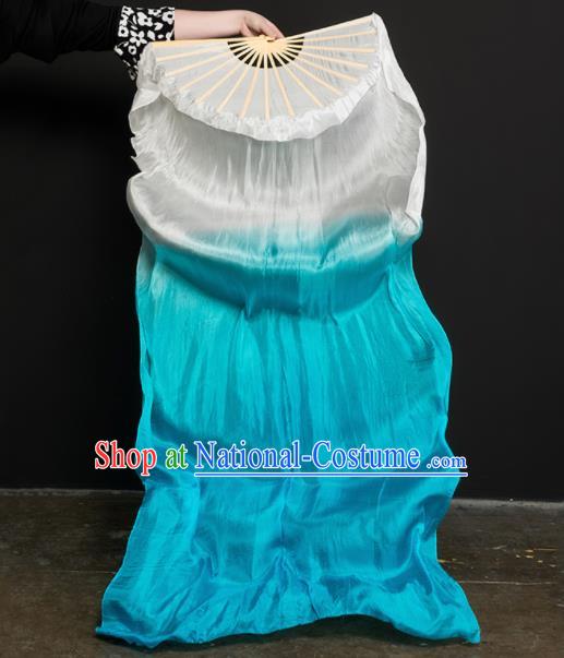 Chinese Traditional Folk Dance Props White and Blue Ribbon Silk Fans Folding Fans Yangko Fan