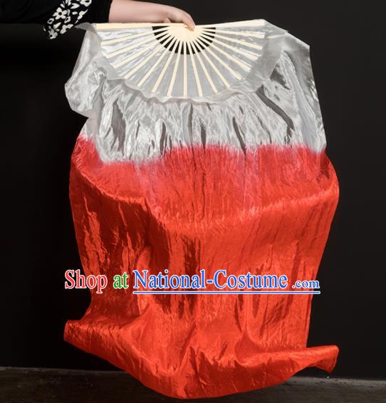 Chinese Traditional Folk Dance Props White and Red Ribbon Silk Fans Folding Fans Yangko Fan