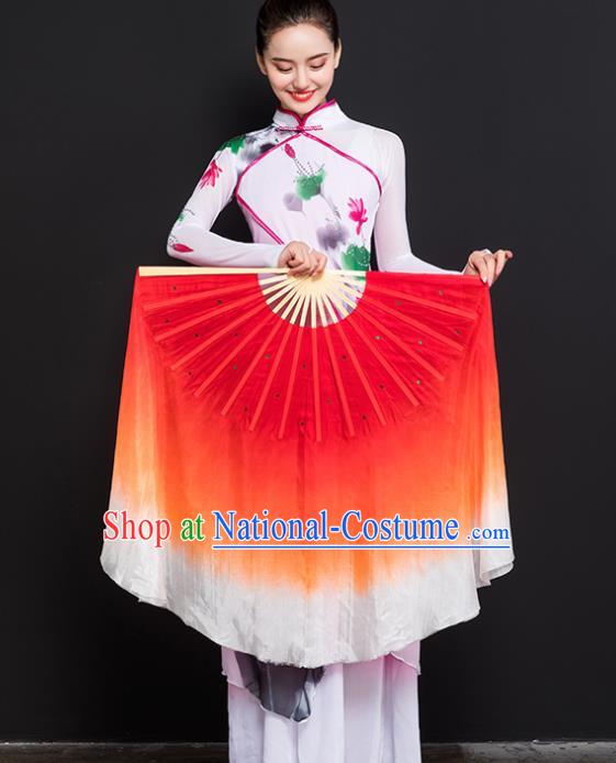 Chinese Traditional Folk Dance Props Double Sides Red Ribbon Silk Fans Folding Fans Yangko Fan