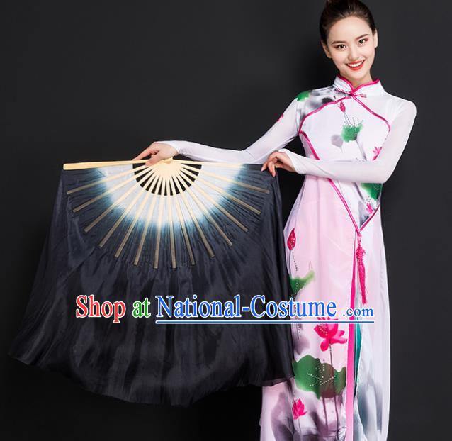 Chinese Traditional Folk Dance Props Double Sides Black Ribbon Silk Fans Folding Fans Yangko Fan