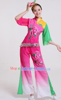 Chinese Traditional Yangko Dance Costumes Group Dance Folk Dance Pink Clothing for Women