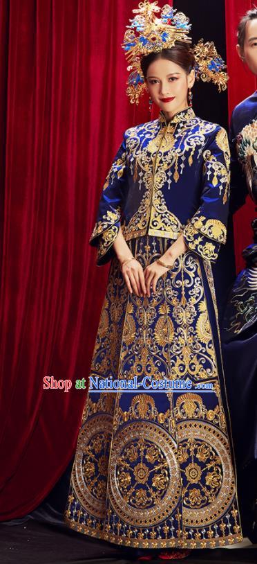 Chinese Traditional Wedding Blue Xiuhe Suits Ancient Bride Embroidered Costumes for Women