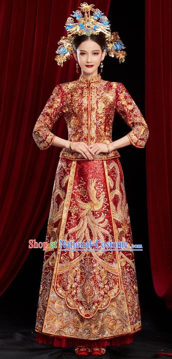 Chinese Traditional Wedding Red Xiuhe Suits Ancient Bride Embroidered Costumes for Women