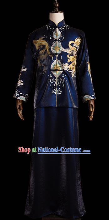 Chinese Traditional Wedding Costumes Tang Suit Bridegroom Embroidered Navy Clothing for Men