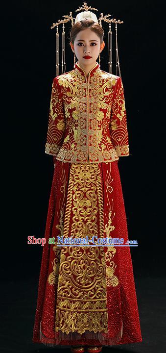 Chinese Traditional Wedding Toast Xiuhe Suits Ancient Bride Embroidered Costumes for Women