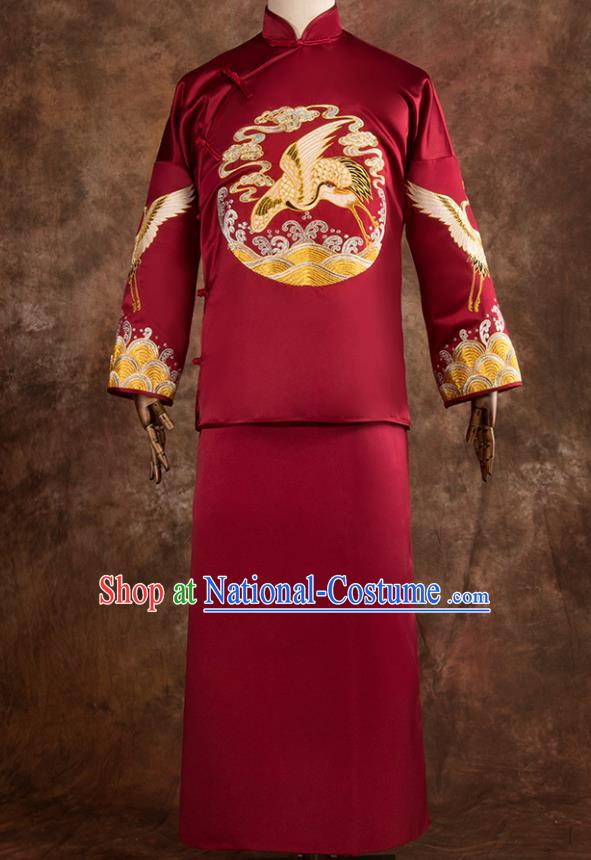 Chinese Traditional Wedding Costumes Tang Suit Bridegroom Embroidered Crane Red Long Gown for Men