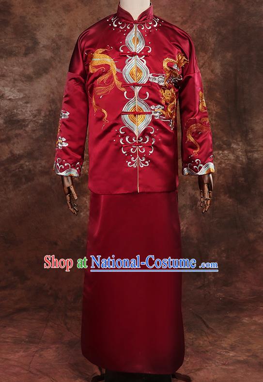 Chinese Traditional Wedding Costumes Tang Suit Bridegroom Embroidered Dragon Red Long Gown for Men