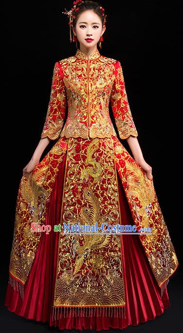 Chinese Traditional Wedding Dress Red Diamante Xiuhe Suits Ancient Bride Handmade Embroidered Costumes for Women