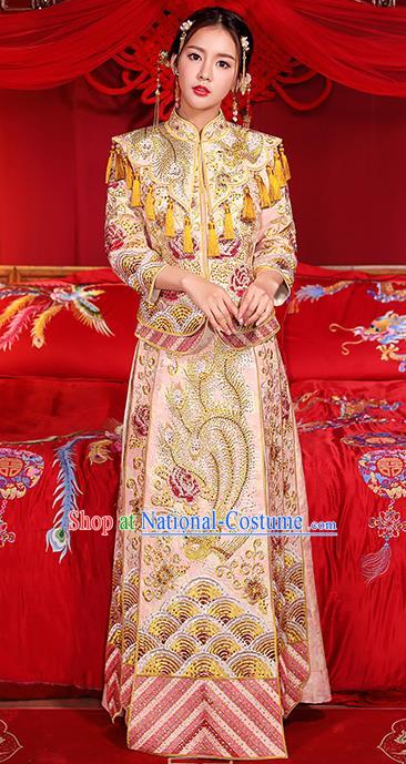 Chinese Traditional Wedding Dress Pink Xiuhe Suits Ancient Bride Handmade Embroidered Costumes for Women