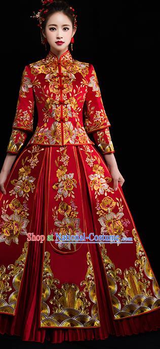 Chinese Traditional Wedding Dress Red Diamante Xiuhe Suits Ancient Bride Handmade Embroidered Peony Costumes for Women