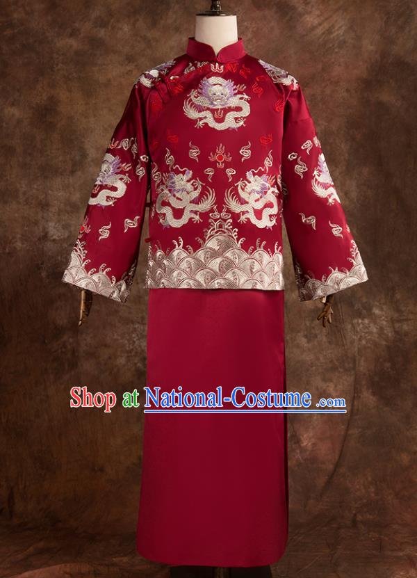 Chinese Traditional Wedding Costumes Bridegroom Embroidered Dragon Tang Suit Long Gown for Men