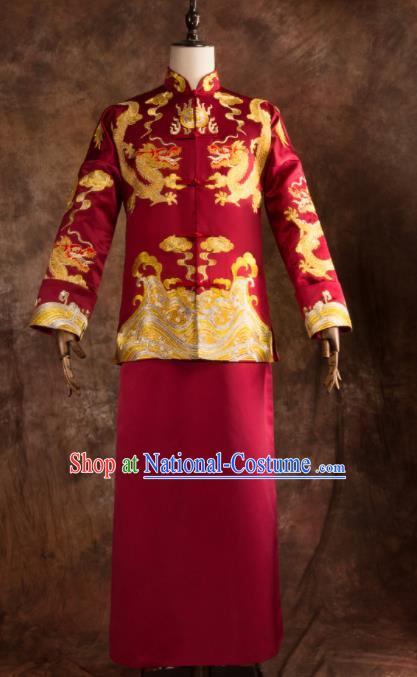 Chinese Traditional Wedding Costumes Bridegroom Embroidered Dragon Tang Suit Red Gown for Men