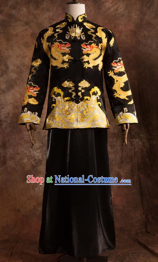 Chinese Traditional Wedding Costumes Bridegroom Embroidered Dragon Tang Suit Black Gown for Men