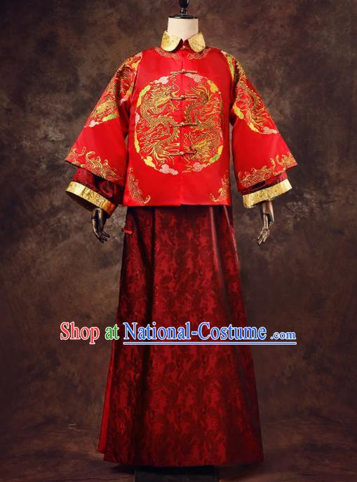 Chinese Ancient Traditional Wedding Costumes Bridegroom Embroidered Tang Suit Red Gown for Men