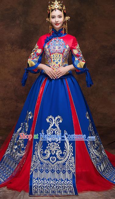 Chinese Traditional Blue Wedding Dress Ancient Bride Xiuhe Suits Handmade Embroidered Costumes for Women