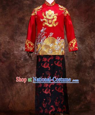 Chinese Traditional Wedding Costumes Ancient Bridegroom Tang Suit Red Mandarin Jacket Long Robe for Men