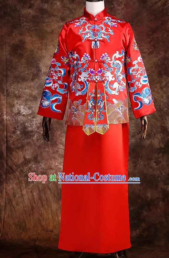 Chinese Traditional Wedding Costumes Red Mandarin Jacket Long Robe Ancient Bridegroom Tang Suit for Men