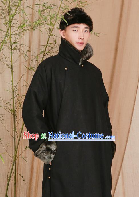 Chinese Traditional Tang Suit Costumes National Cotton Padded Long Gown Overcoat for Men