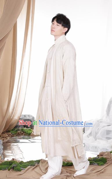 Chinese Traditional Tang Suit Costumes National White Linen Overcoat for Men