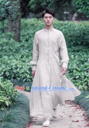 Chinese Traditional Tang Suit Costumes National White Long Gown Overcoat for Men