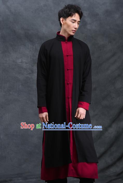 Chinese Traditional Tang Suit Costumes National Black Linen Plated Buttons Overcoat for Men