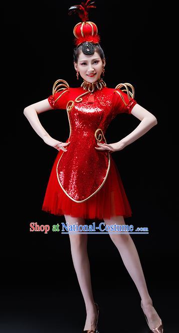 Chinese Traditional Folk Dance Costumes Drum Dance Group Dance Red Dress for Women