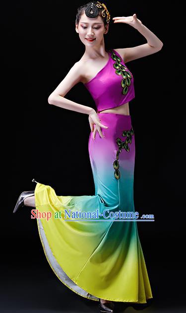 Chinese Traditional Folk Dance Costumes Peacock Dance Group Dance Purple Dress for Women