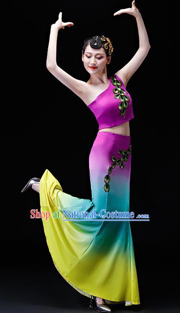 Chinese Traditional Folk Dance Costumes Peacock Dance Group Dance Purple Dress for Women