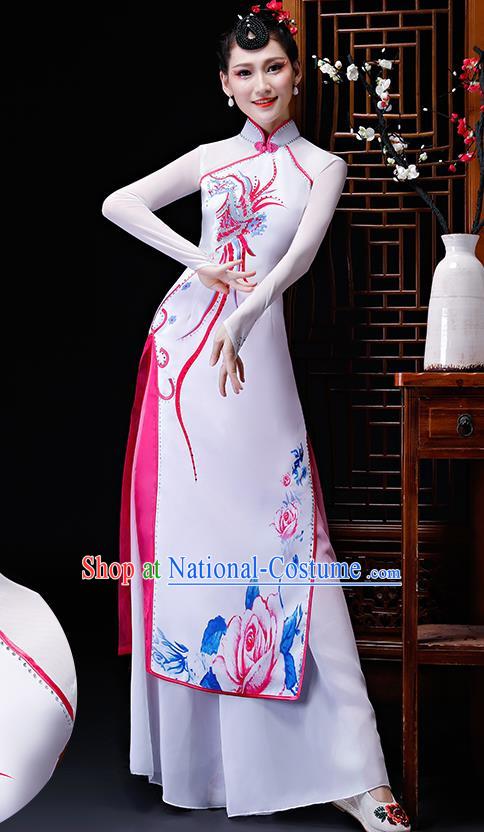 Chinese Traditional Classical Dance Costumes Umbrella Dance Group Dance White Dress for Women