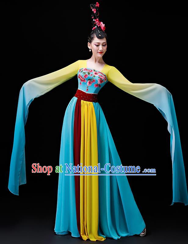 Chinese Traditional Classical Dance Costumes Umbrella Dance Group Dance Blue Water Sleeve Dress for Women