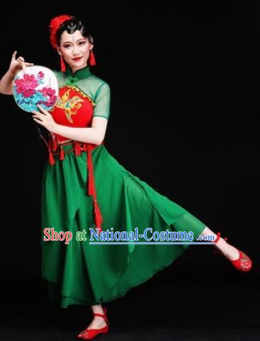 Chinese Traditional Folk Dance Costumes Yangko Dance Group Dance Green Dress for Women