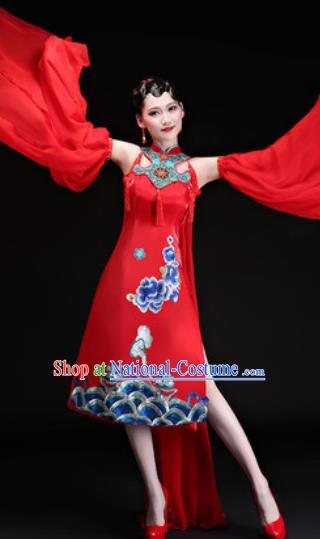 Chinese Traditional Folk Dance Yangko Costumes Drum Dance Red Dress for Women