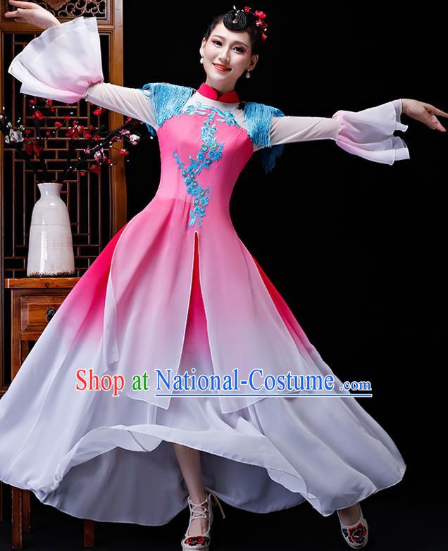 Chinese Traditional Classical Dance Costumes Umbrella Dance Group Dance Pink Dress for Women