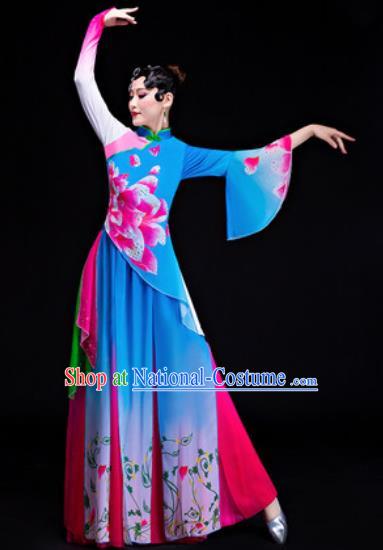 Chinese Traditional Folk Dance Yangko Costumes Drum Dance Blue Dress for Women