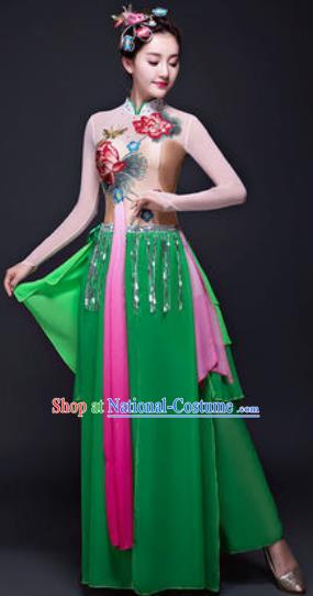 Chinese Traditional Classical Dance Lotus Dance Costumes Umbrella Dance Green Dress for Women