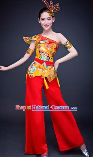 Chinese Traditional Folk Dance Costumes New Year Drum Dance Group Dance Red Clothing for Women