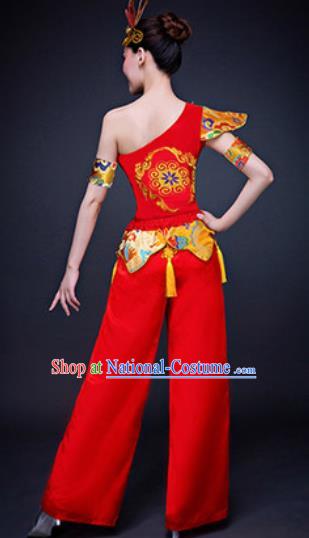 Chinese Traditional Folk Dance Costumes New Year Drum Dance Group Dance Red Clothing for Women