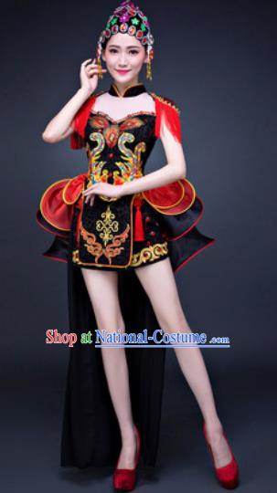 Chinese Traditional Folk Dance Costumes New Year Drum Dance Black Dress for Women