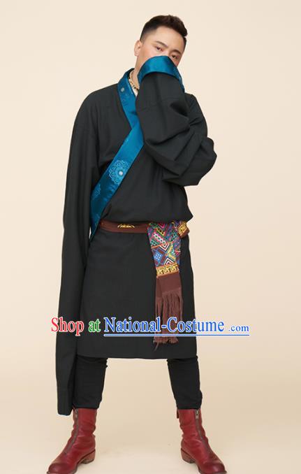 Traditional Chinese Zang Nationality Dance Costumes Black Tibetan Robe Folk Dance Ethnic Clothing for Men