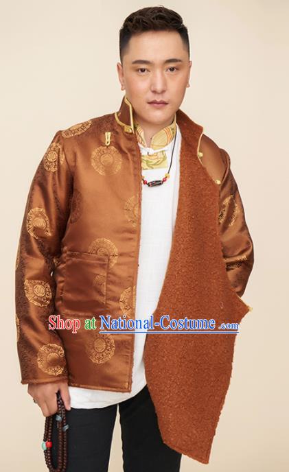 Traditional Chinese Zang Nationality Dance Costumes Tibetan Folk Dance Ethnic Brown Coat for Men